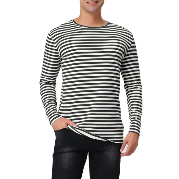 INSPIRE CHIC Men's Striped T-Shirt Long Sleeves Crew Neck Stripe Basic Tops M Black