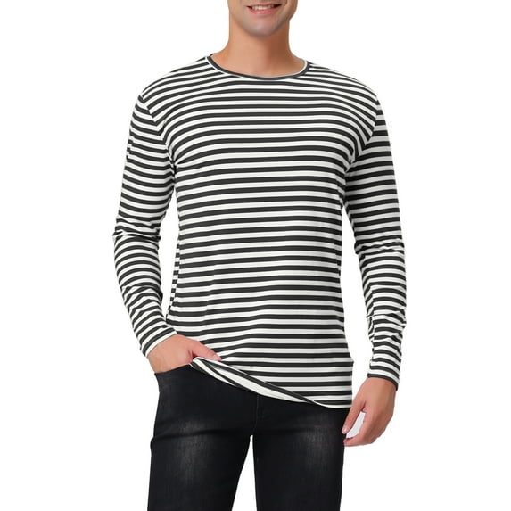 INSPIRE CHIC Men's Striped T-Shirt Long Sleeves Crew Neck Stripe Basic Tops M Black