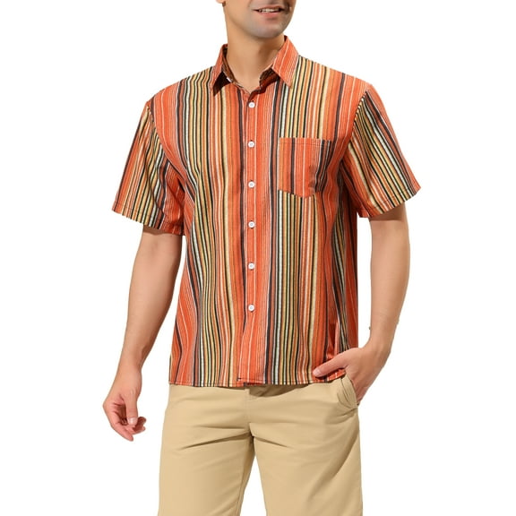INSPIRE CHIC Men's Summer Hawaiian Short Sleeves Button Down Striped Shirts S Brown Orange