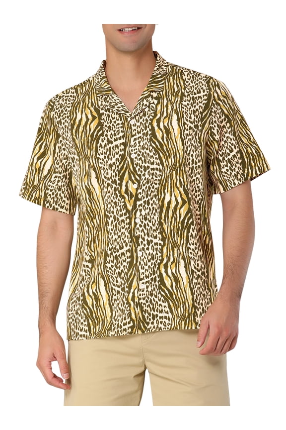 Men's Summer Leopard Printed Short Sleeves Button Down Beach Shirt Yellow M