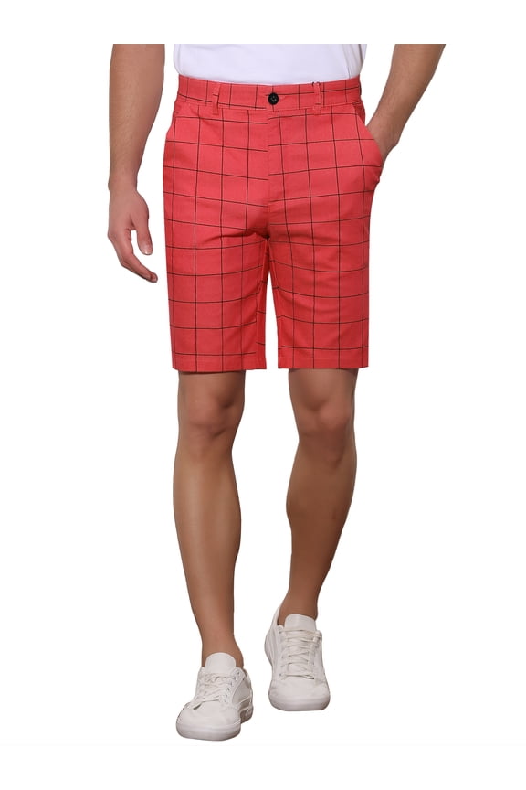 Men's Shorts Slim Fit Plaid Button Lightweight Twill Shorts 28 Red Black