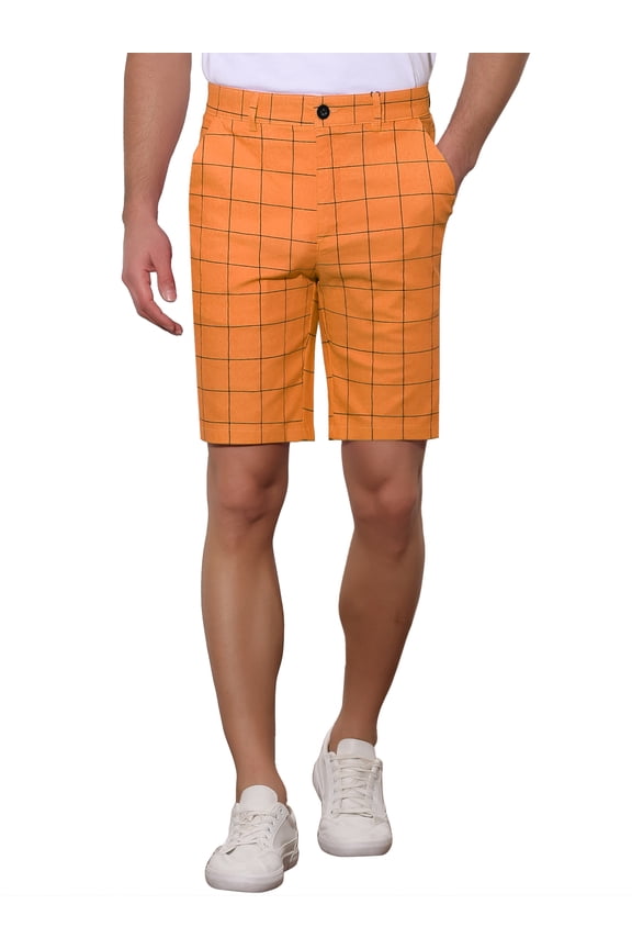 Men's Shorts Slim Fit Plaid Button Lightweight Twill Shorts 28 Orange