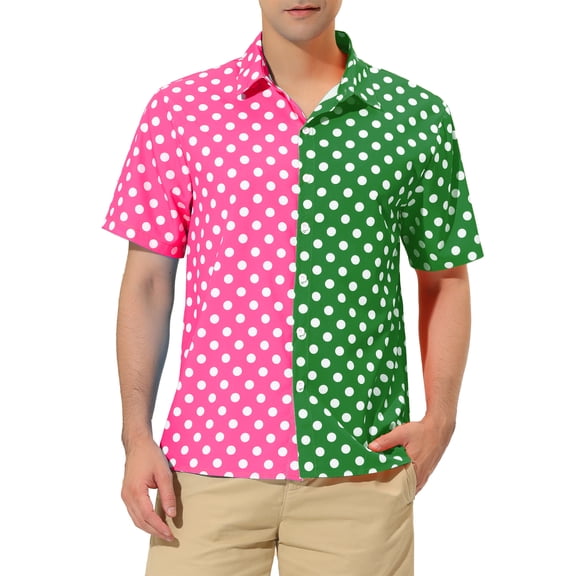 INSPIRE CHIC Men's Summer Polka Dots Patchwork Short Sleeves Button Down Shirts S Pink Green