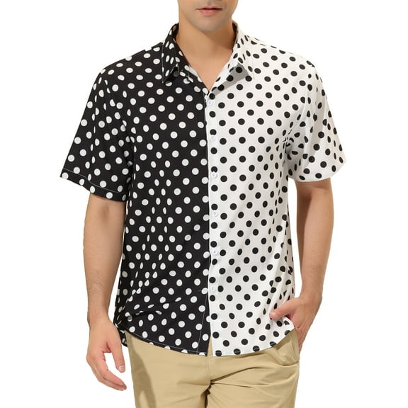 INSPIRE CHIC Men's Summer Polka Dots Patchwork Short Sleeves Button Down Shirts S Black White