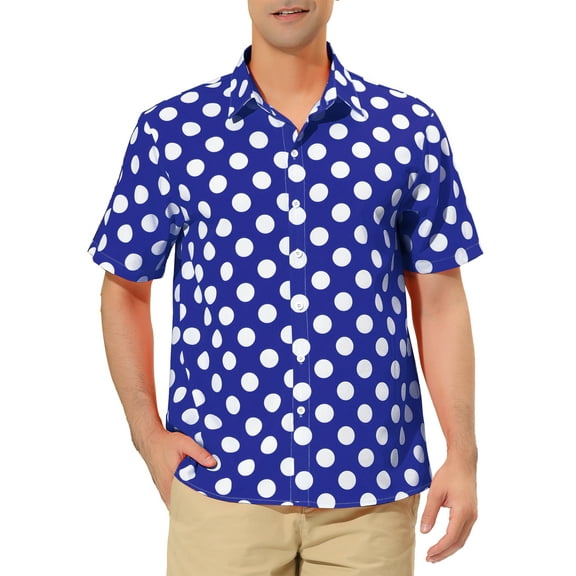 INSPIRE CHIC Men's Summer Polka Dots Shirt Button Down Short Sleeves Pattern Shirts L Dark Blue