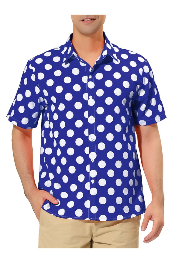 Men's Summer Polka Dots Shirt Button Down Short Sleeves Pattern Shirts S Dark Blue