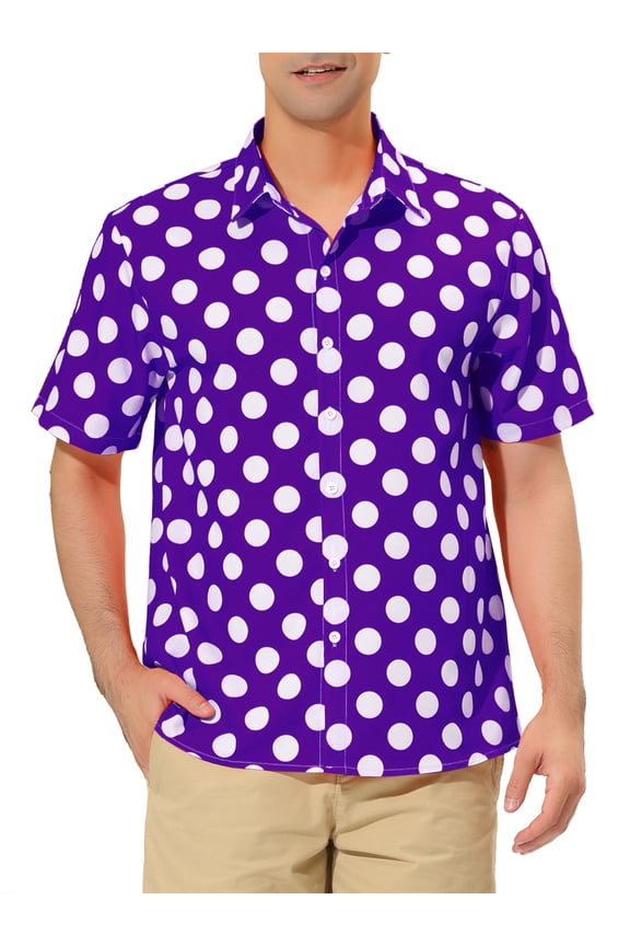 Men's Summer Polka Dots Shirt Button Down Short Sleeves Pattern Shirts L Purple