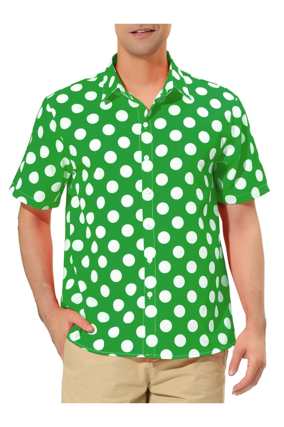Men's Summer Polka Dots Shirt Button Down Short Sleeves Pattern Shirts S Green