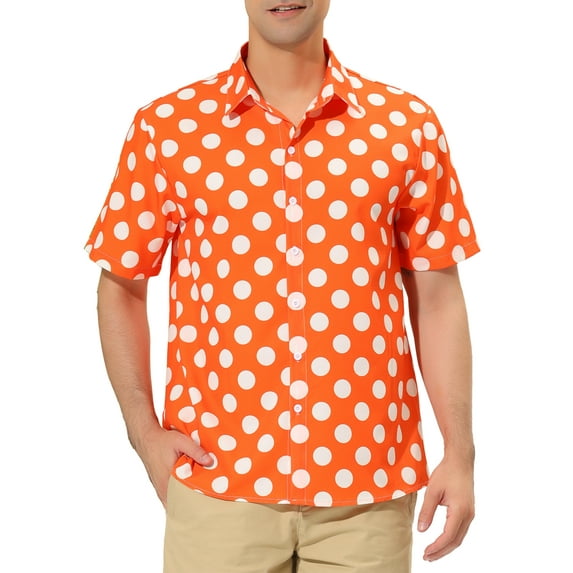 INSPIRE CHIC Men's Summer Polka Dots Shirt Button Down Short Sleeves Pattern Shirts L Orange