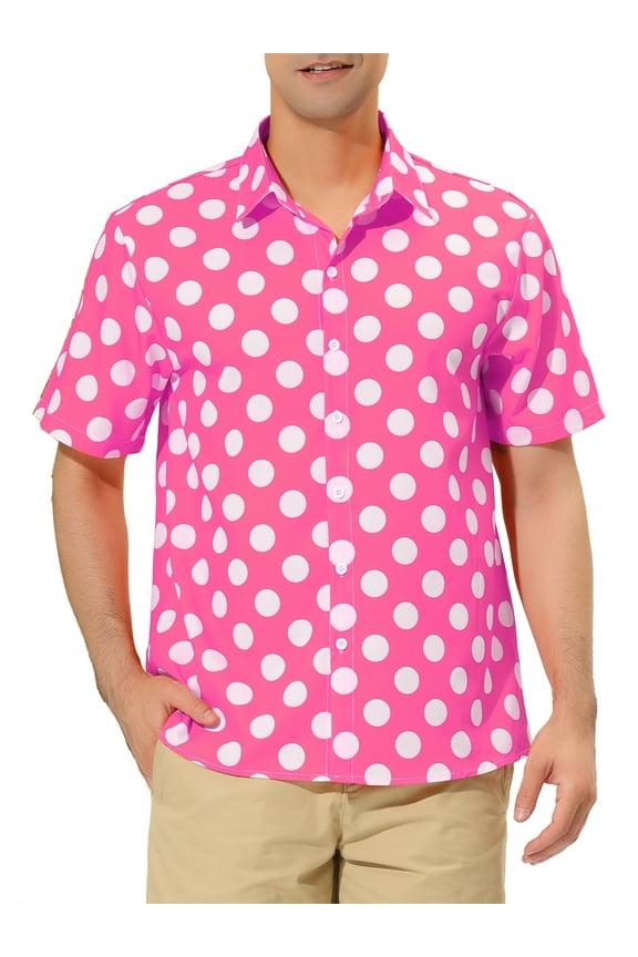 Men's Summer Polka Dots Shirt Button Down Short Sleeves Pattern Shirts M Pink