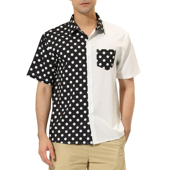 INSPIRE CHIC Men's Summer Polka Dots Short Sleeves Button Down Patchwork Shirt M White