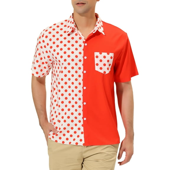 INSPIRE CHIC Men's Summer Polka Dots Short Sleeves Button Down Patchwork Shirt XL Red