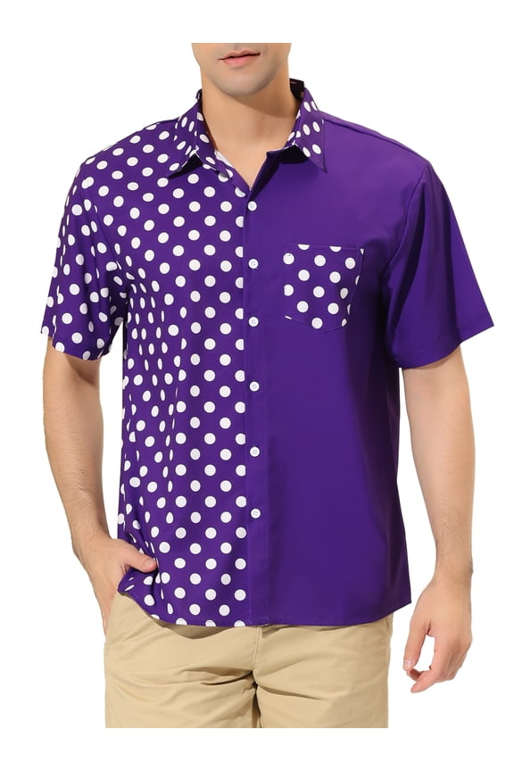 Men's Summer Polka Dots Short Sleeves Button Down Patchwork Shirt XL Purple