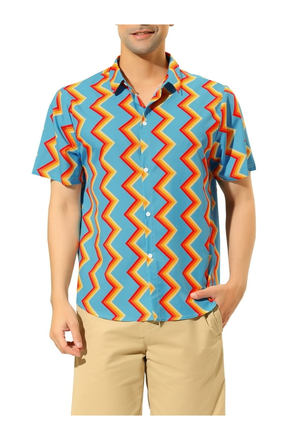 Men's Summer Short Sleeve Button Down Irregular Print Shirt L Blue Orange