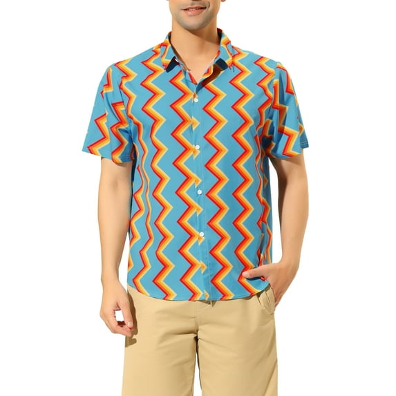 INSPIRE CHIC Men's Summer Short Sleeve Button Down Irregular Print Shirt XL Blue Orange