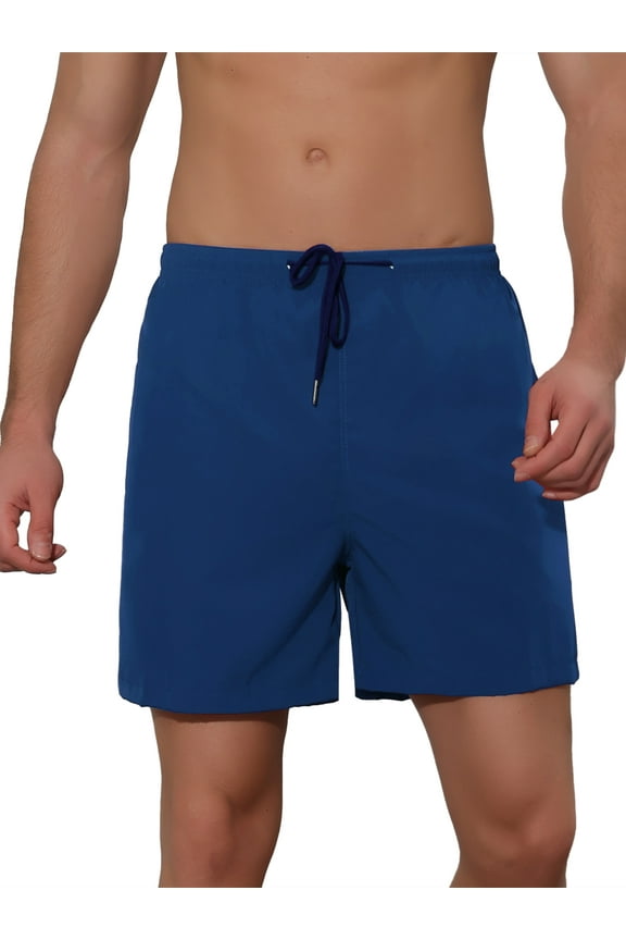 Men's Summer Solid Color Elastic Waistband Swim Beach Shorts Navy Blue 28