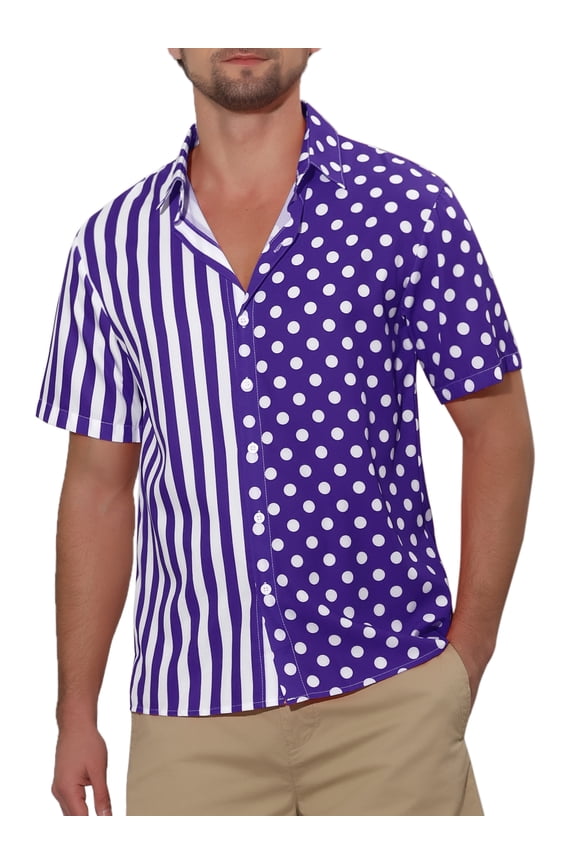 Men's Shirt Summer Stripe Polka Dots Short Sleeves Button Patchwork Shirt S Purple