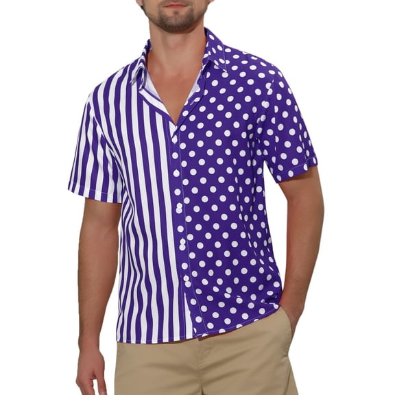 INSPIRE CHIC Men's Shirt Summer Stripe Polka Dots Short Sleeves Button Patchwork Shirt S Purple