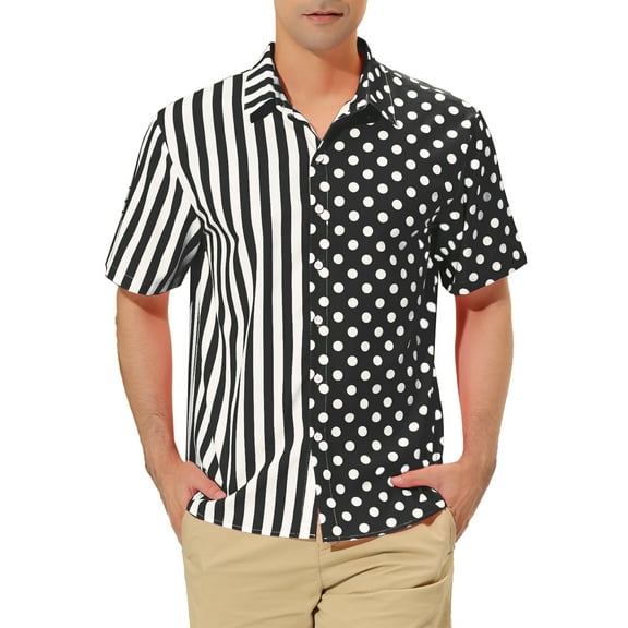 INSPIRE CHIC Men's Shirt Summer Stripe Polka Dots Short Sleeves Button Patchwork Shirt S Black White