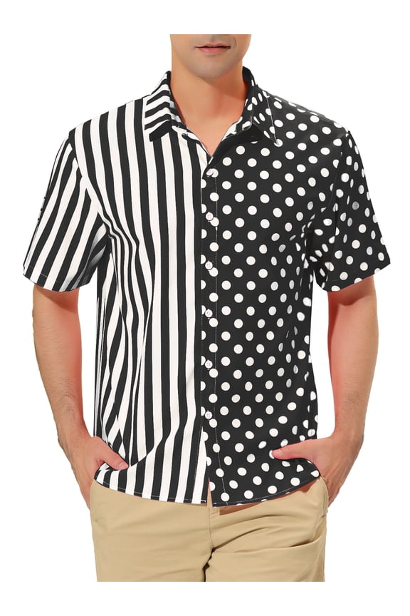 Men's Shirt Summer Stripe Polka Dots Short Sleeves Button Patchwork Shirt 2XL Black White
