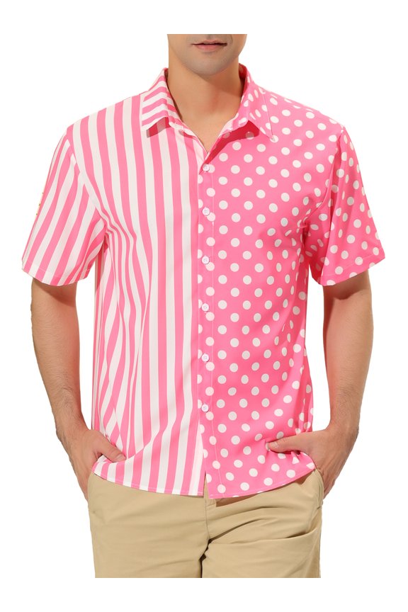 Men's Shirt Summer Stripe Polka Dots Short Sleeves Button Patchwork Shirt XL Pink White