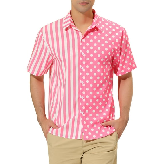 INSPIRE CHIC Men's Shirt Summer Stripe Polka Dots Short Sleeves Button Patchwork Shirt L Pink White