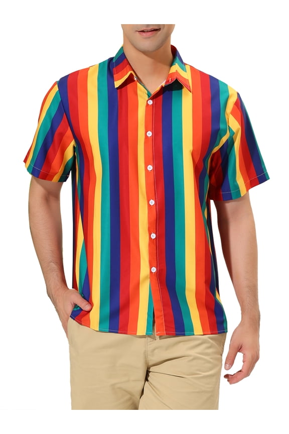 Men's Shirts Summer Striped Button Short Sleeve Beach Shirts 2XL Rainbow Yellow