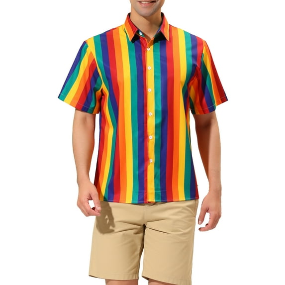 INSPIRE CHIC Men's Summer Vertical Stripe Print Short Sleeve Button Down Shirts S Multicolor Yellow