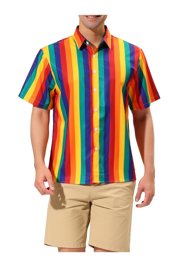 Men's Summer Vertical Stripe Print Short Sleeve Button Down Shirts XL Multicolor Yellow