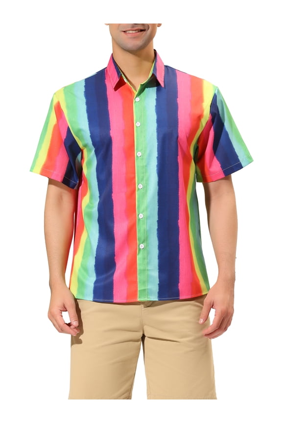 Men's Summer Vertical Stripe Print Short Sleeve Button Down Shirts S Multicolor Pink
