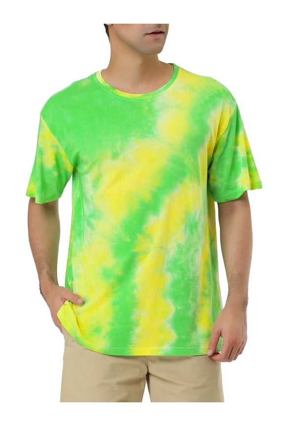 Men's T-Shirts Short Sleeve Summer Tie Dye Tee Hip Hop Printed T-Shirts L Green Yellow
