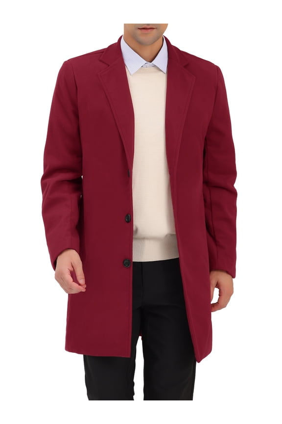 Men's Coats Solid Color Notched Collar Single Breasted Winter Long Coat XL Burgundy