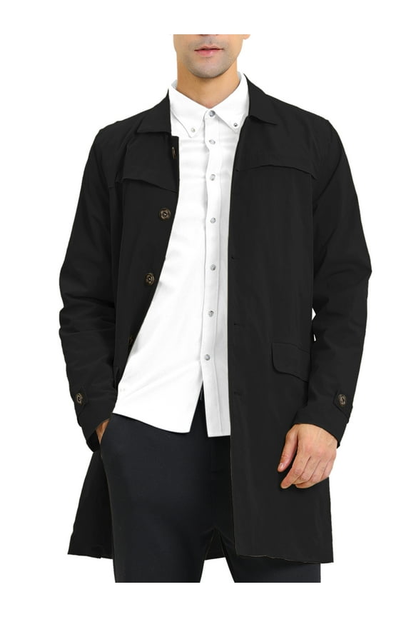 Men's Trench Coat Single Breasted Button Down Jacket Long Overcoat XS Black
