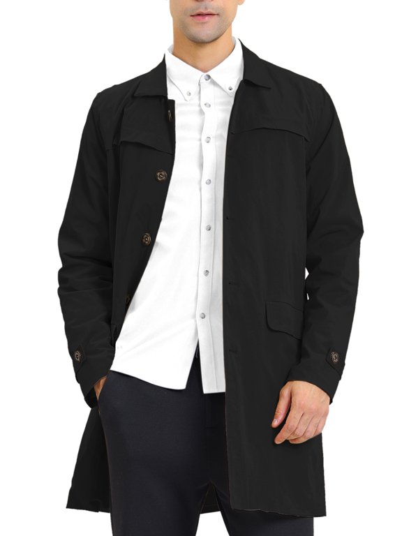 Men's Trench Coat Single Breasted Button Down Jacket Long Overcoat XS Black
