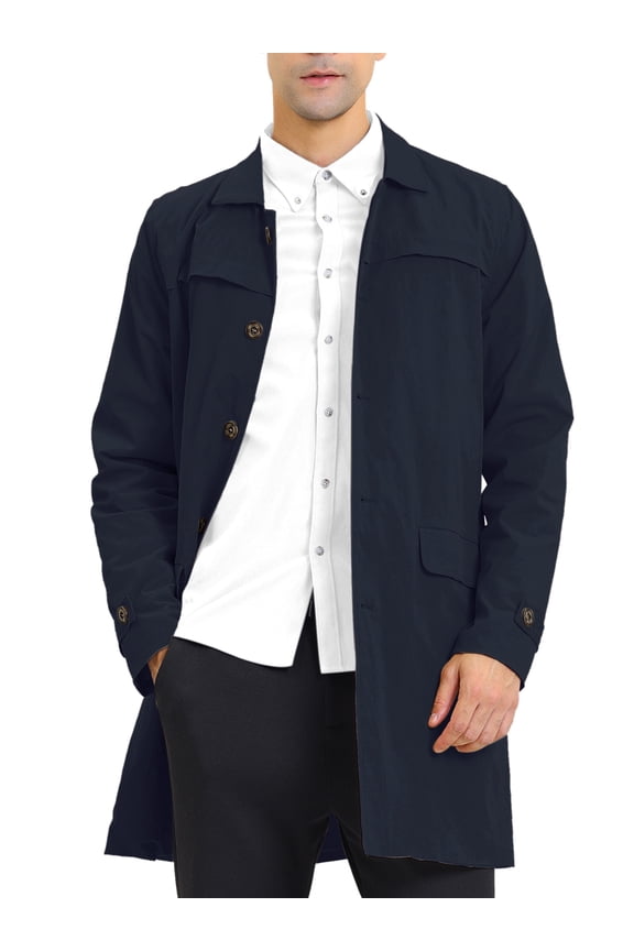 Men's Trench Coat Single Breasted Button Down Jacket Long Overcoat XS Navy Blue