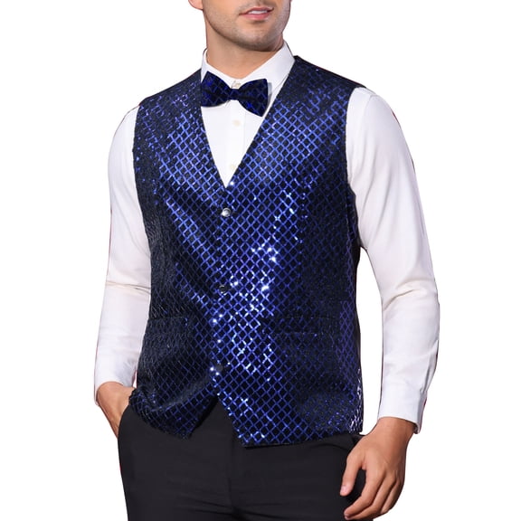 INSPIRE CHIC Men's Vest Argyle Sequin V-Neck Sleeveless Party Dress Prom Nightclub Shiny Vest S Blue
