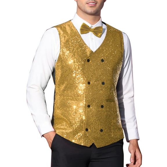 INSPIRE CHIC Men's Vest V-Neck Slim Fit Double-Breasted Party Disco Prom Nightclub Sequin Vest XL Golden