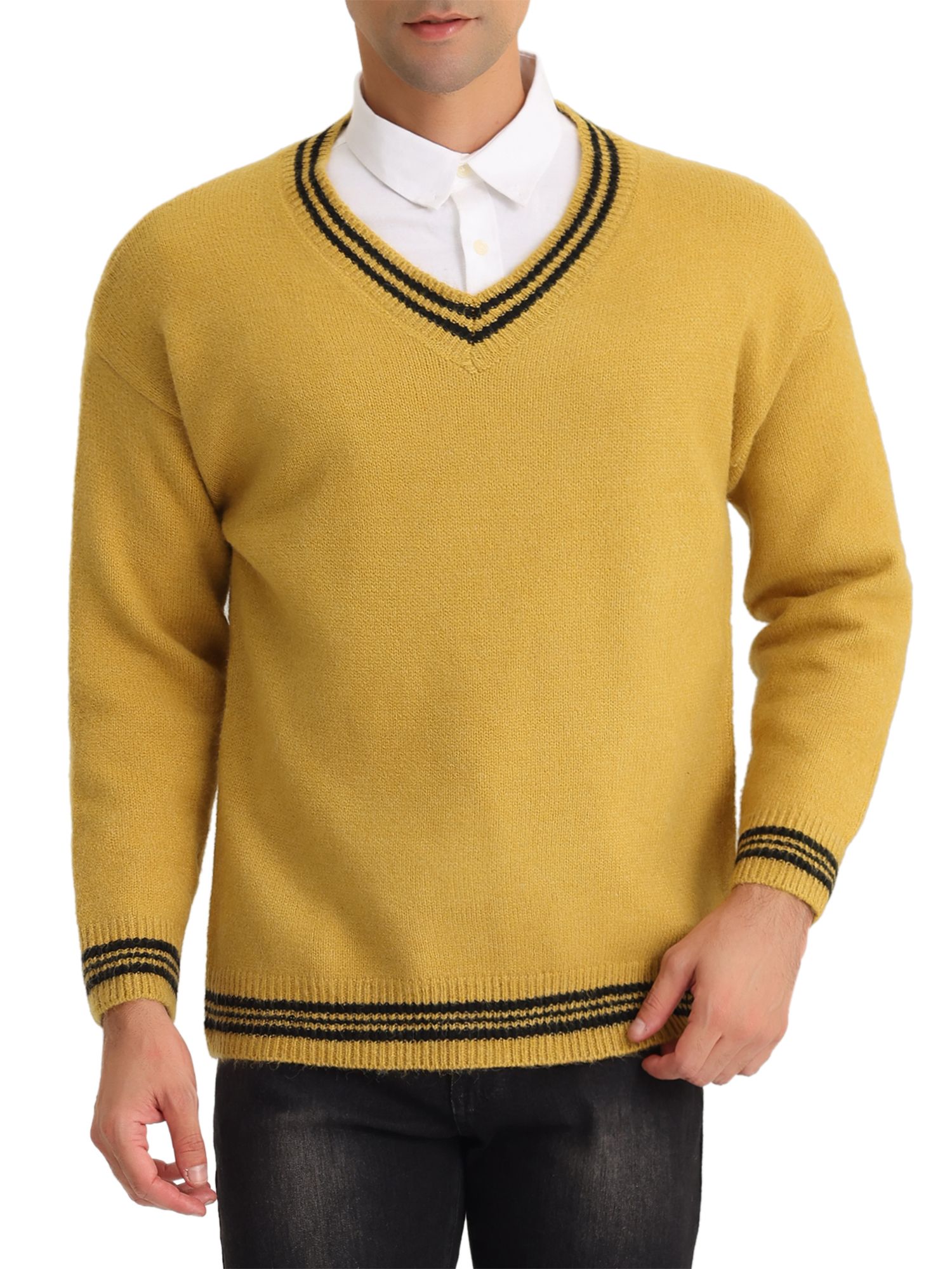 Lars Amadeus Men's V Neck Sweater Solid Color Long Sleeves Knitted