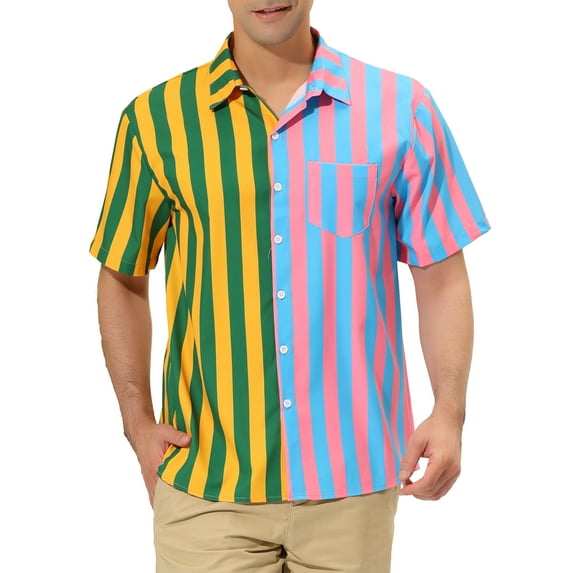 INSPIRE CHIC Men's Vertical Stripes Contrast Color Casual Summer Patchwork Shirt S Green Pink