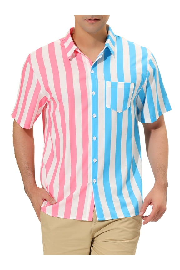 Men's Vertical Stripes Contrast Color Casual Summer Patchwork Shirt S Pink Blue