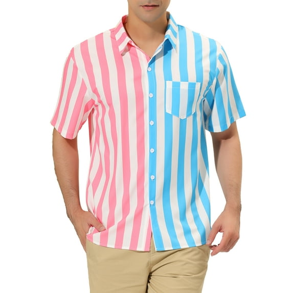 Lars Amadeus Men's Vertical Stripes Contrast Color Casual Summer Patchwork Shirt