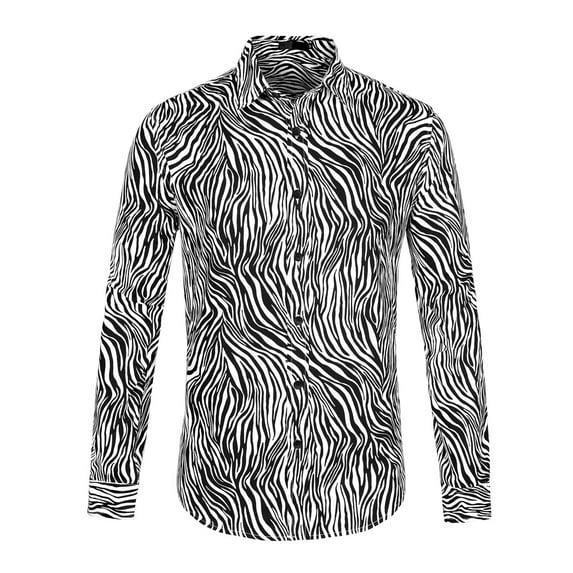 INSPIRE CHIC Men's Vintage Leopard Printed Button Down Long Sleeve Cotton Shirt L Black and White