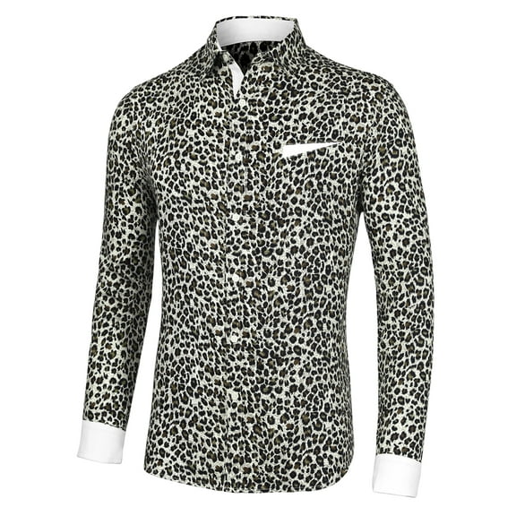 INSPIRE CHIC Men's Vintage Leopard Printed Button Down Long Sleeve Cotton Shirt XL Leopard White