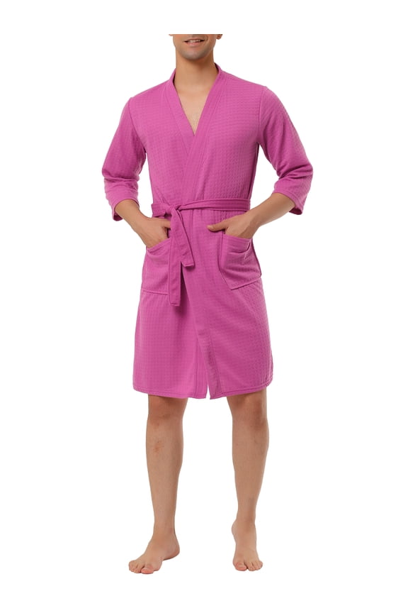 Men's Waffle Spa Robe Solid Color Sleepwear Long Sleeves Bathrobe M Rose Red