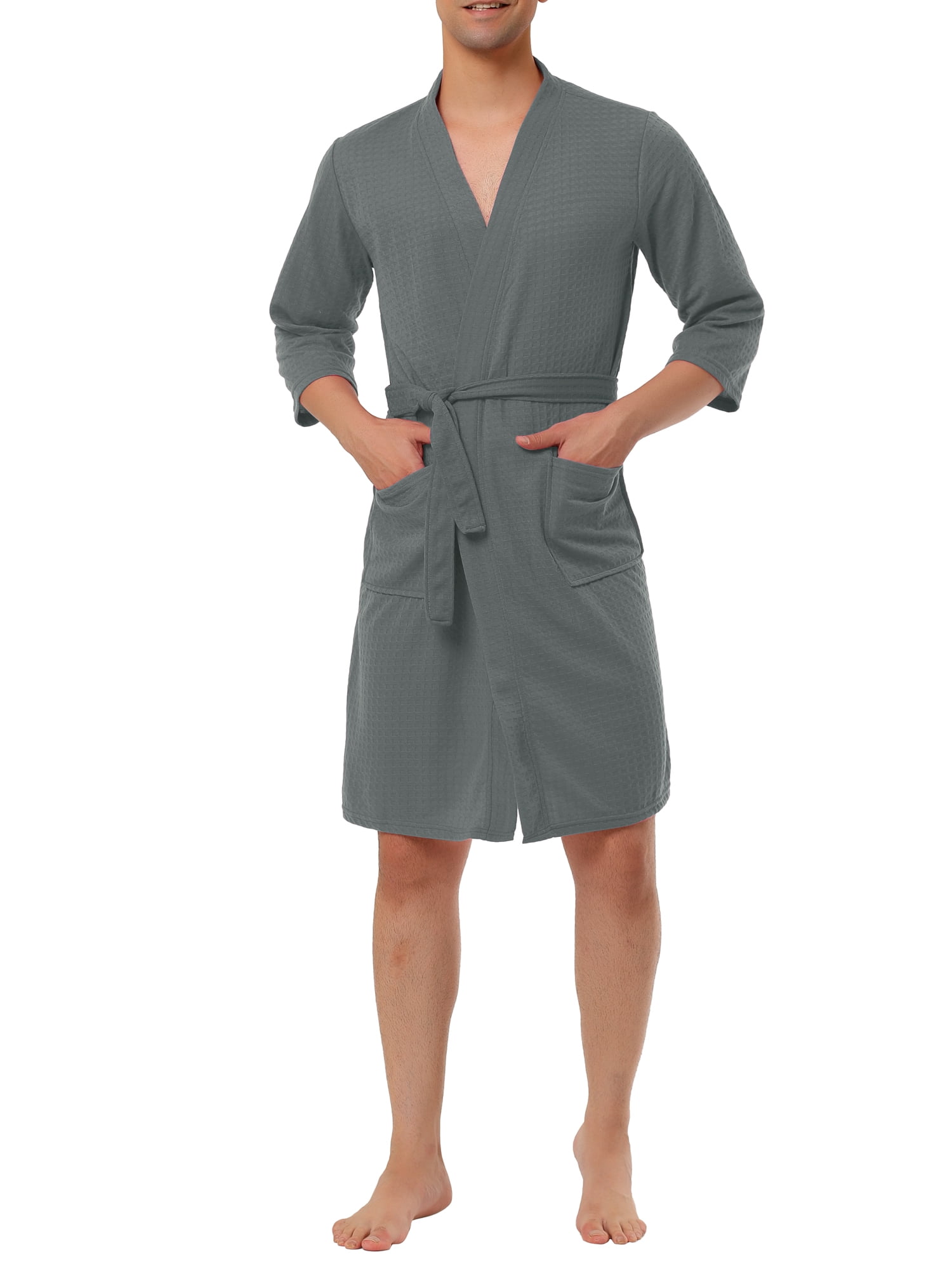 INSPIRE CHIC Men's Waffle Spa Robe Solid Color Sleepwear Long Sleeves ...