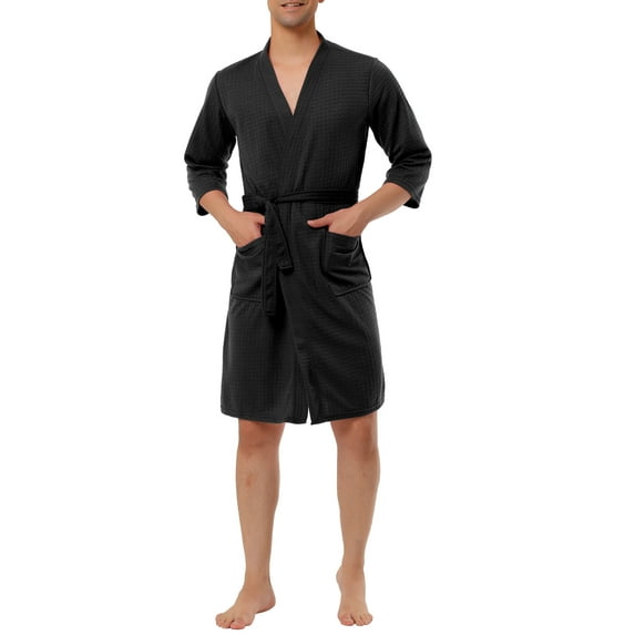 Lars Amadeus Men's Waffle Spa Robe Solid Color Sleepwear Long Sleeves Bathrobe