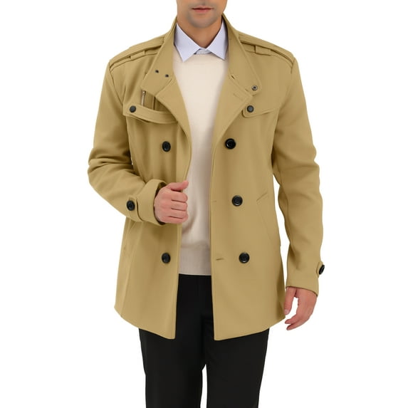 INSPIRE CHIC Men's Winter Trench Coat Stand Collar Double Breasted Pea Coats L Khaki