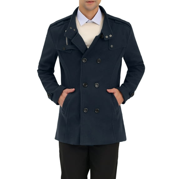 INSPIRE CHIC Men's Winter Trench Coat Stand Collar Double Breasted Pea Coats M Navy Blue