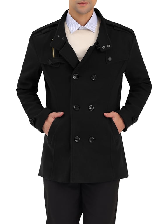 Men's Winter Trench Coat Stand Collar Double Breasted Pea Coats S Black