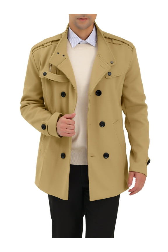 Men's Winter Trench Coat Stand Collar Double Breasted Pea Coats S Khaki